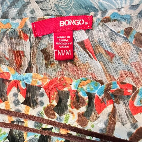 Bongo-Women's Sheer Short Flowy Sleeves Top-Necklace Built in-Med-Blue Boho - Picture 16 of 16